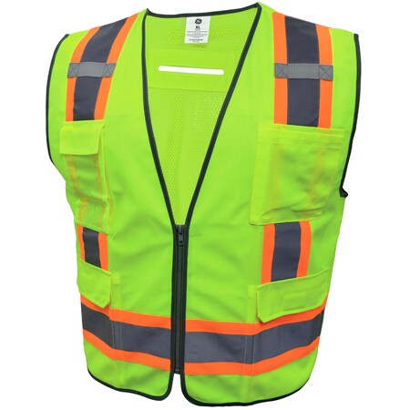 GE Surveyor Vest, Solid Front  Mesh Back, ANSI Class 2, 8 Pockets, Lime w/Reflective Trim, XL GV082GXL